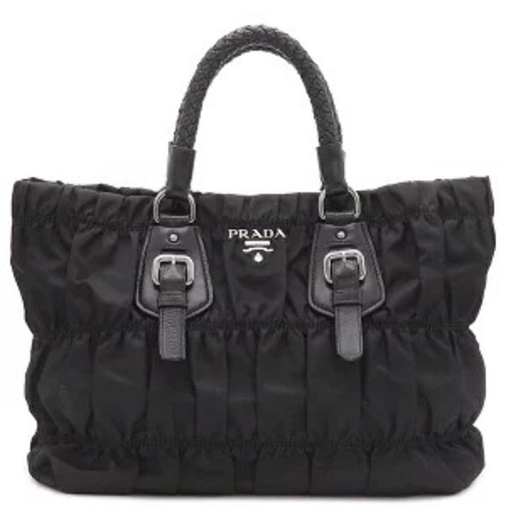 Prada bag metal logo gathered leather black tote shoulder